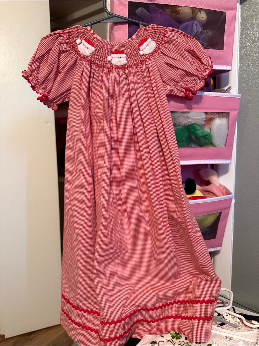 Girls Red Gingham Smocked Santa Dress